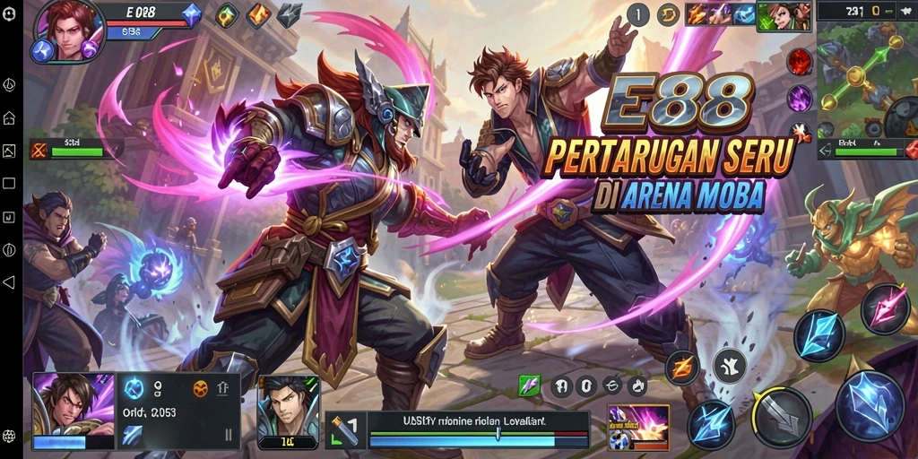 Tampilan seru dari gameplay E88 dengan pertarungan MOBA yang dinamis.