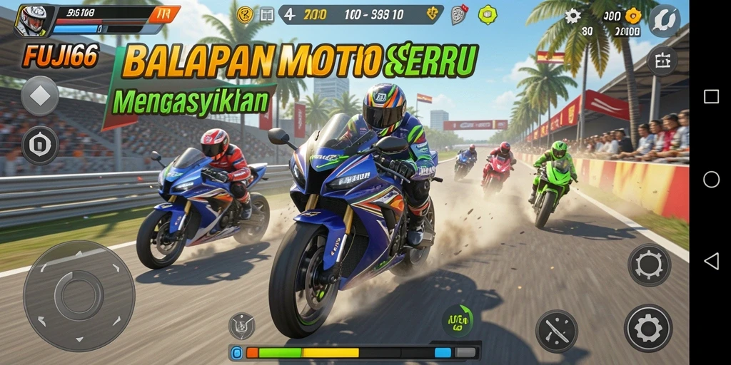 Screenshot utama FUJI66 menampilkan aksi balapan motor yang mendebarkan.