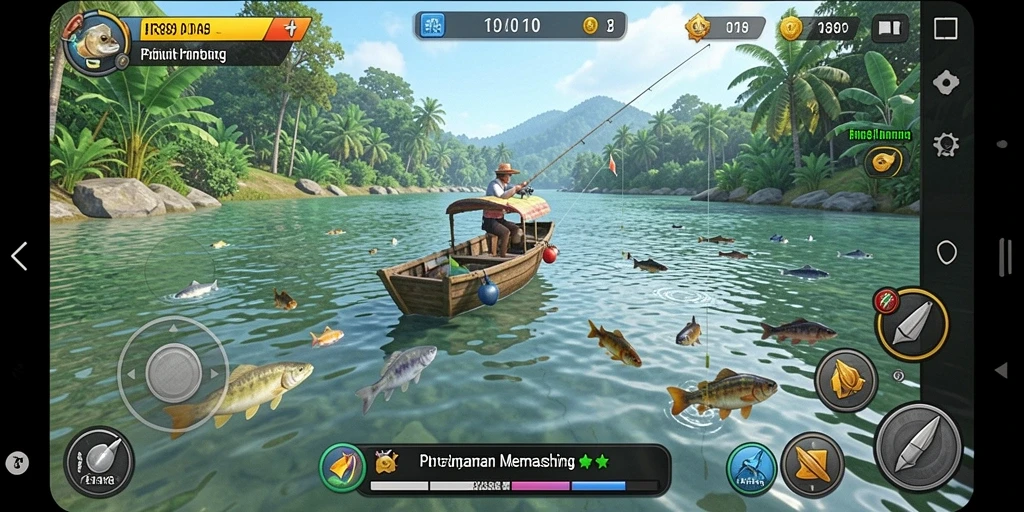 Screenshot gameplay HR89 menampilkan aksi menangkap ikan yang seru.
