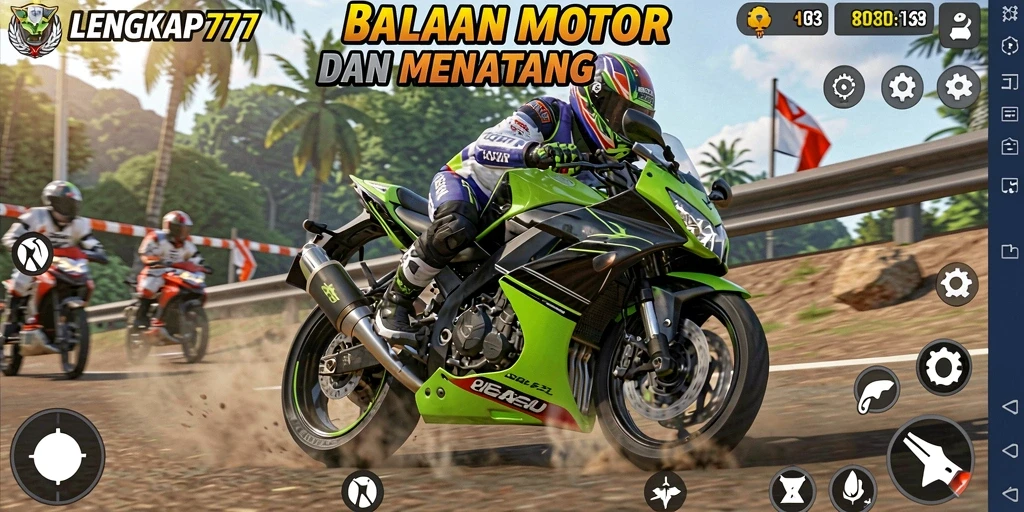 Screenshot gameplay LENGKAP777 dengan aksi balapan motor yang intens.