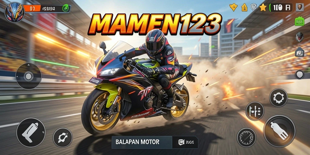 Screenshot gameplay MAMEN123 menunjukkan aksi balapan motor yang intens.