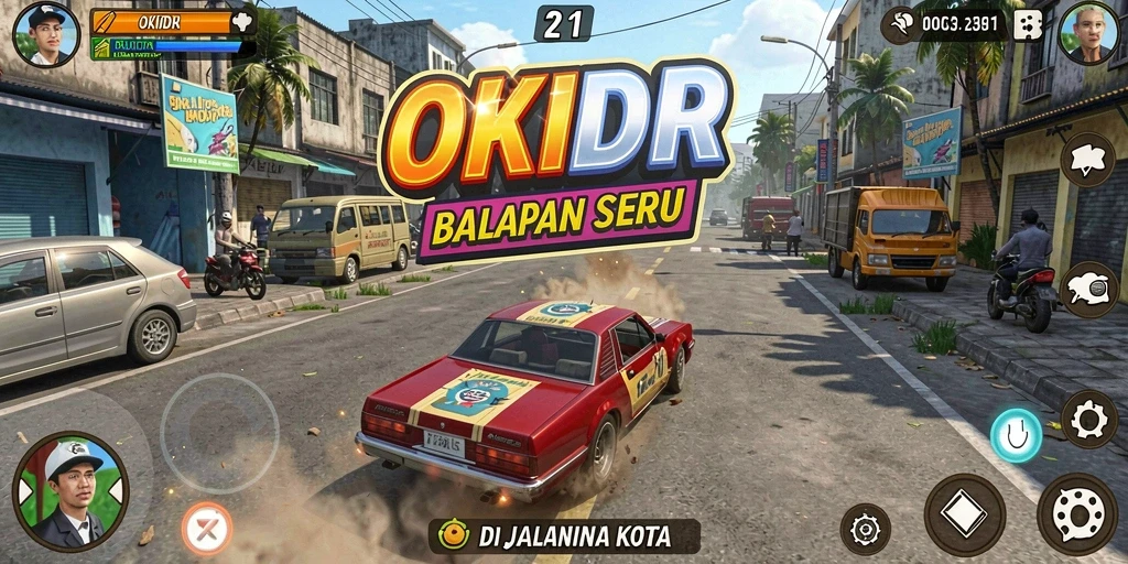 Screenshot gameplay OKIDR menampilkan aksi balapan seru di jalanan kota.