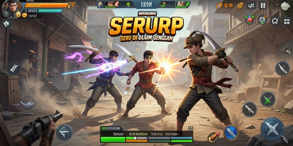 Screenshot SERURP menampilkan pertarungan seru antar karakter.