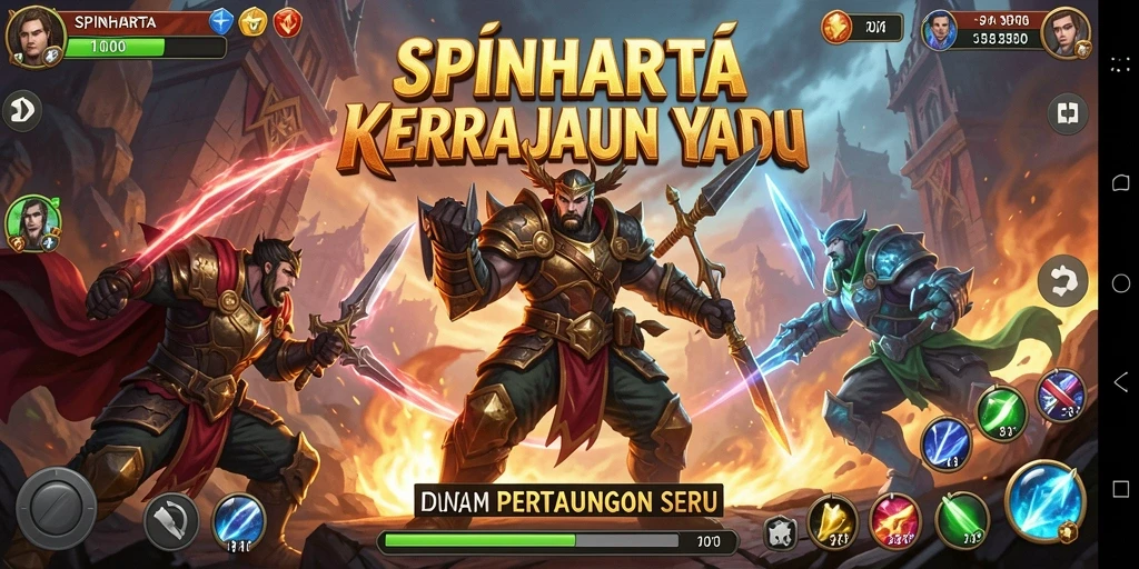 Tampilan gameplay SPINHARTA dengan menara dikelilingi musuh yang menyerang.