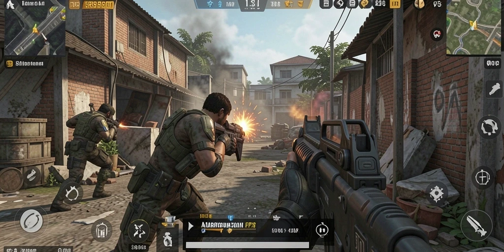 Tampilan gameplay SR996 yang menegangkan dalam pertempuran FPS.
