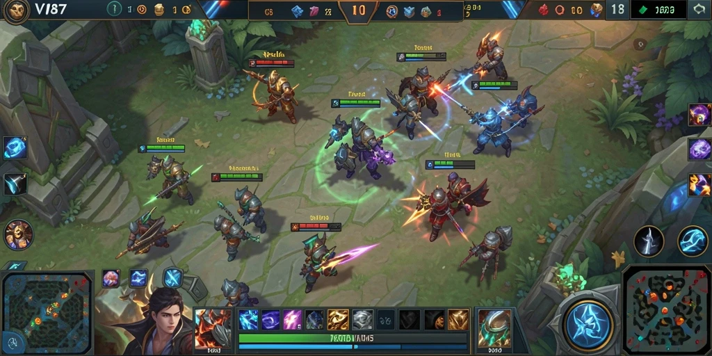 Tangkapan layar gameplay V87 dengan aksi pertempuran MOBA yang intens.